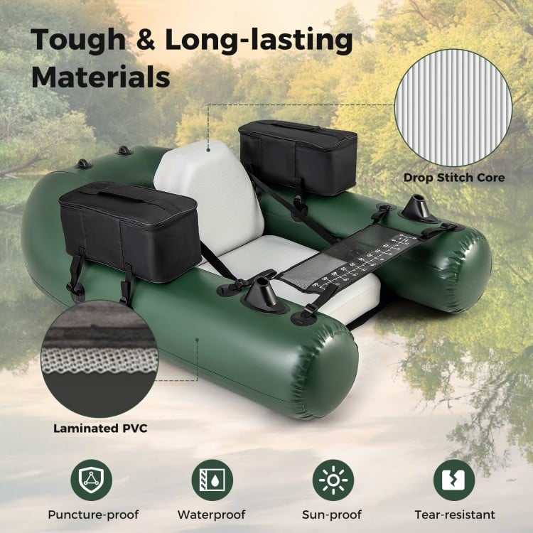 Inflatable fishing float tube made of laminated PVC with adjustable backrest and storage pockets for angling.