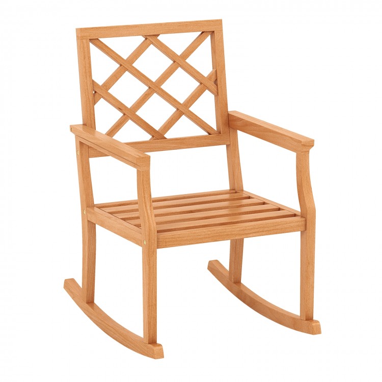 Teak wood rocking chair with slatted seat and backrest, perfect for outdoor relaxation on patio or porch.