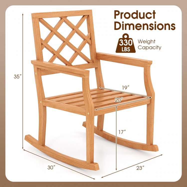 Teak wood rocking chair dimensions with slatted seat and supportive backrest, ideal for outdoor relaxation.