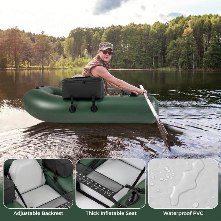 Inflatable fishing float tube with adjustable backrest, thick waterproof seat, and fish ruler for comfortable angling.