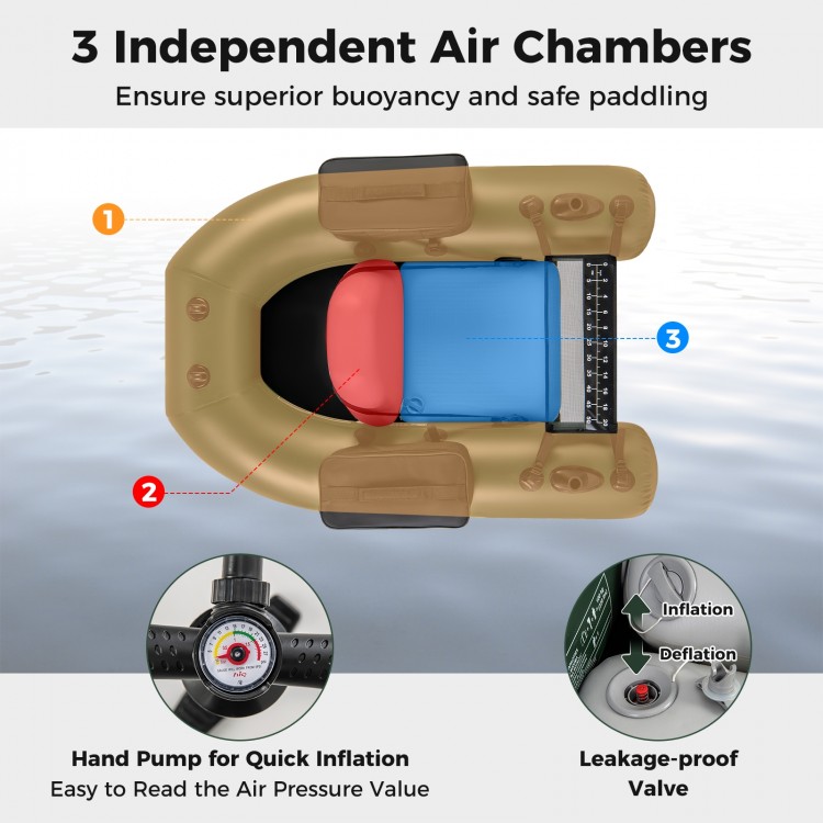 Inflatable fishing float tube featuring three independent air chambers, adjustable backrest, and fish ruler for angling.
