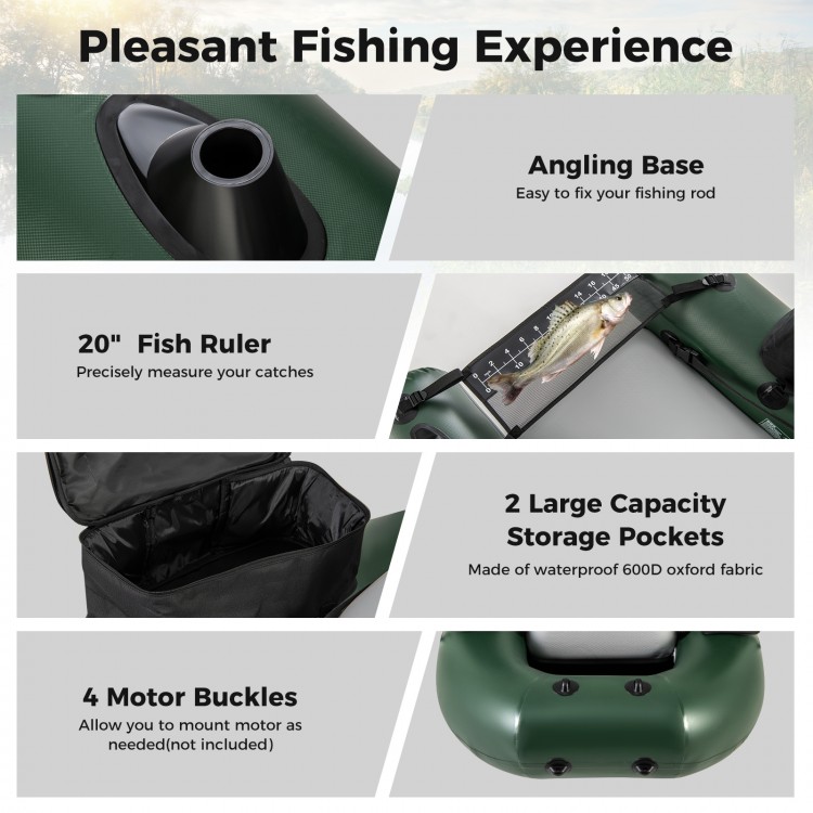 Inflatable fishing float tube with angling base, 20" fish ruler, and large storage pockets for fishing gear.