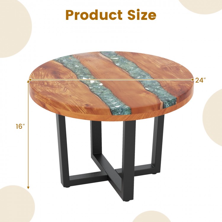 Round 24-inch teak wood end table with epoxy resin, featuring X-shaped legs for stability, ideal for indoor and outdoor.
