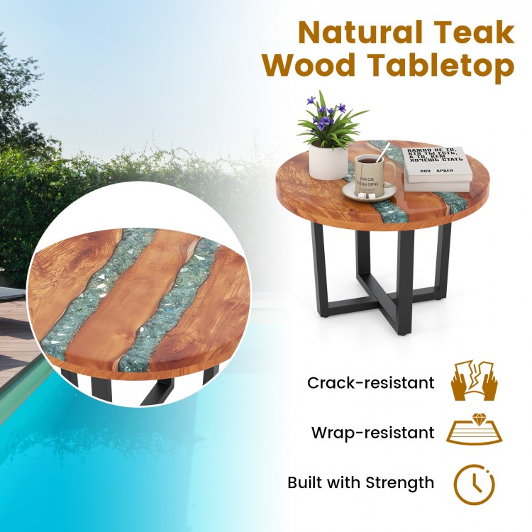 Round 24-inch teak wood end table with epoxy resin, featuring crack-resistant design for indoor and outdoor use.