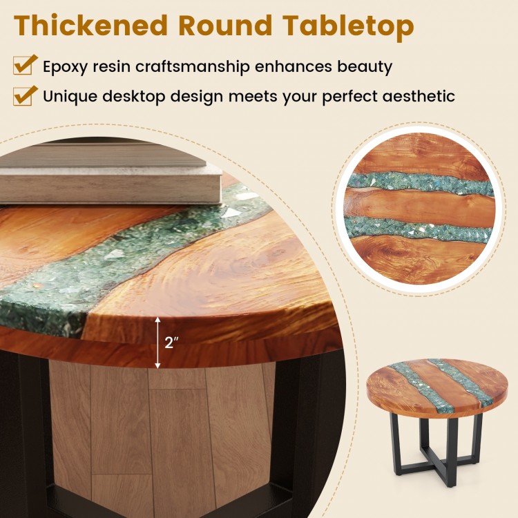 Round teak wood end table with epoxy resin tabletop, 24 inches, suitable for indoor and outdoor use.