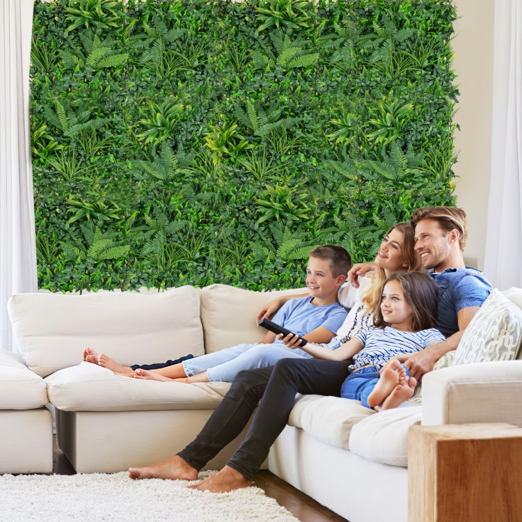 Artificial hedge boxwood panel with diverse leaves, 20"x20", ideal for creating privacy screens or green wall backdrops.