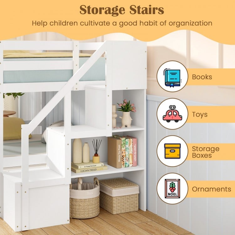 Storage stairs of the twin over twin low bunk bed in white, featuring compartments for books, toys, and storage boxes.