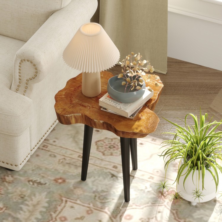 Irregular solid teak wood end table with mahogany tapered legs, showcasing unique design and rustic charm for indoor.