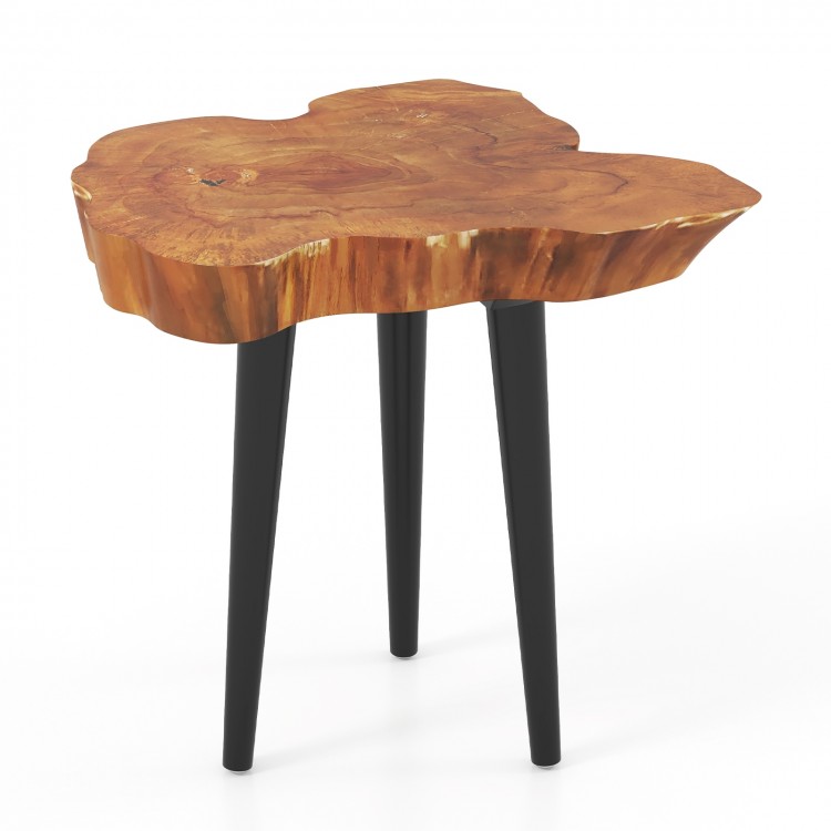 Irregular solid teak wood end table with mahogany tapered legs, showcasing unique wood grain for rustic charm. Ideal.