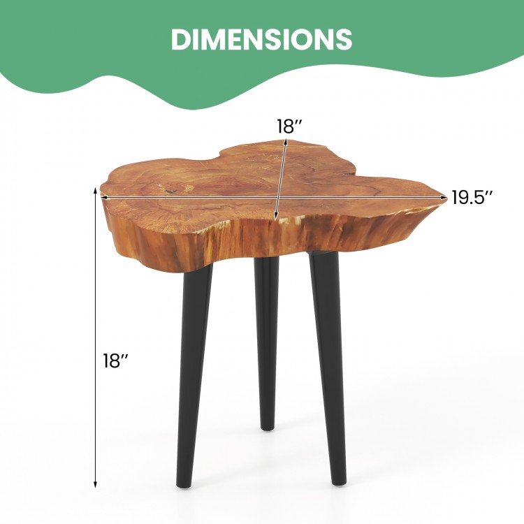 Irregular solid teak wood end table with mahogany tapered legs, showcasing unique design and dimensions for versatile.