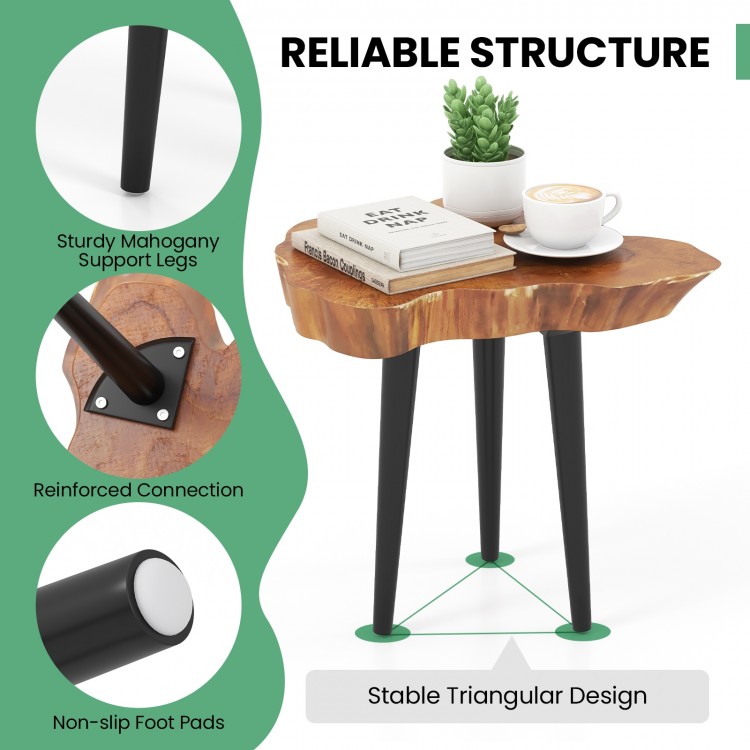 Irregular solid teak wood end table with mahogany tapered legs, featuring a unique design for indoor and outdoor use.
