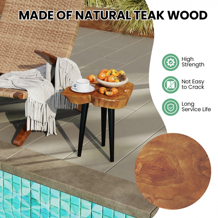 Irregular solid teak wood end table with mahogany tapered legs, perfect for indoor and outdoor use by the poolside.