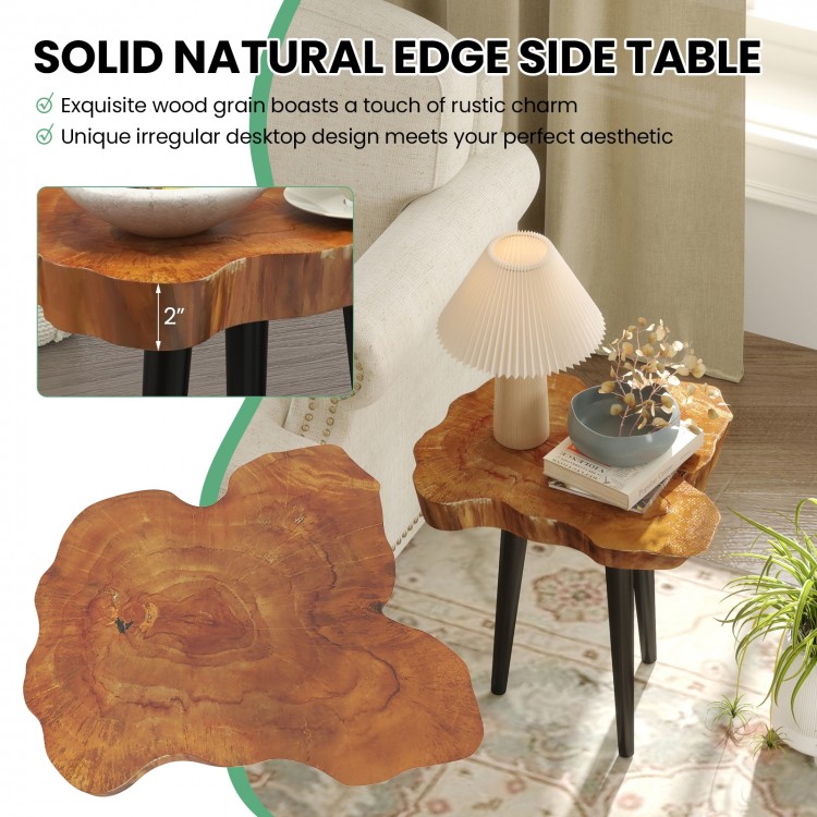 Irregular solid teak wood end table with mahogany tapered legs, showcasing rustic charm for indoor or outdoor use.