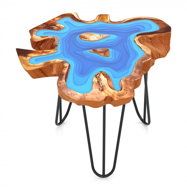 Irregular 21-inch teak wood end table with blue epoxy resin top and sturdy metal legs, perfect for outdoor use.