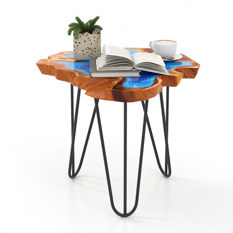 Irregular 21-inch teak wood end table with epoxy resin top, featuring sturdy metal legs, ideal for outdoor use.