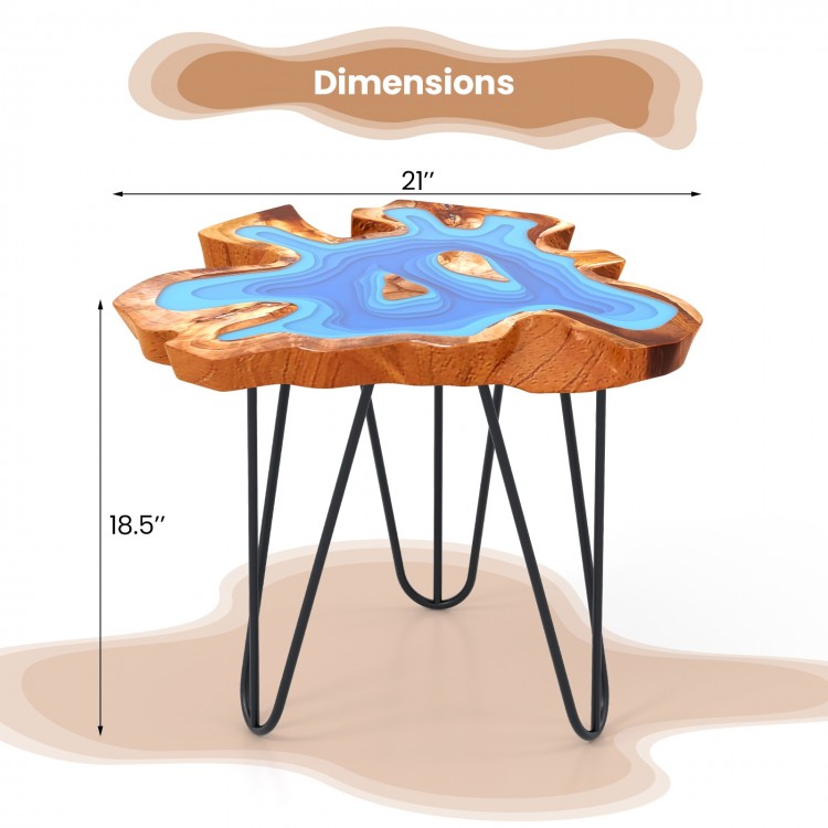 Unique 21-inch outdoor end table featuring irregular teak wood and blue epoxy resin, perfect for balcony or porch decor.