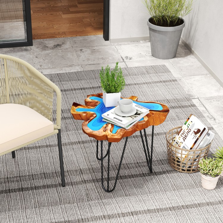 Irregular 21-inch teak wood end table with epoxy resin top, ideal for living room or patio use.