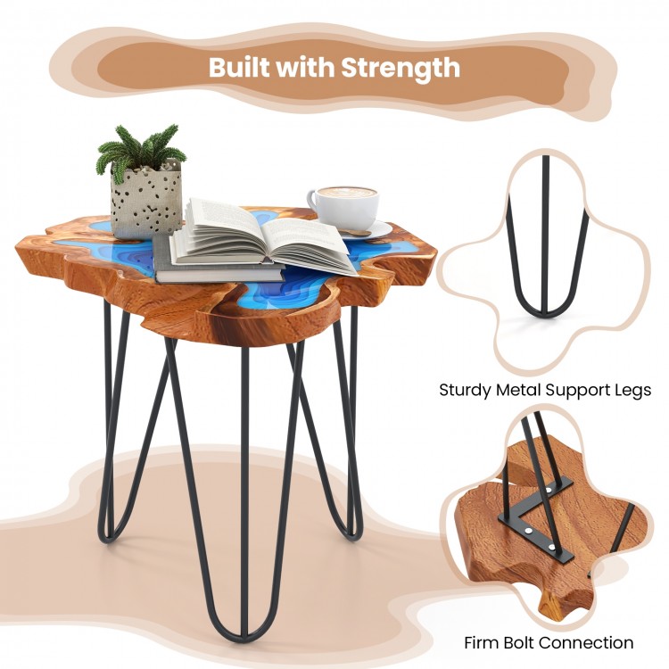 Irregular 21-inch teak wood end table with epoxy resin top and sturdy metal legs, perfect for outdoor or indoor use.