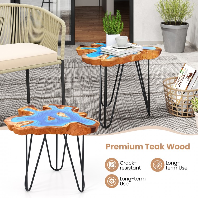 Irregular 21-inch teak wood end table with epoxy resin top and sturdy metal legs, perfect for outdoor patio use.
