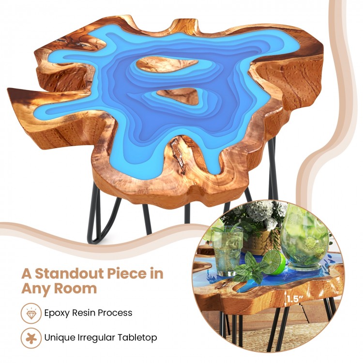 Irregular 21-inch teak wood end table with blue epoxy resin, perfect for outdoor patios and living spaces.