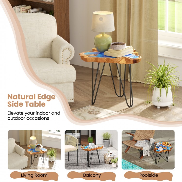 Irregular tabletop of the 21-inch outdoor epoxy resin teak wood end table with sturdy metal legs for versatile use.