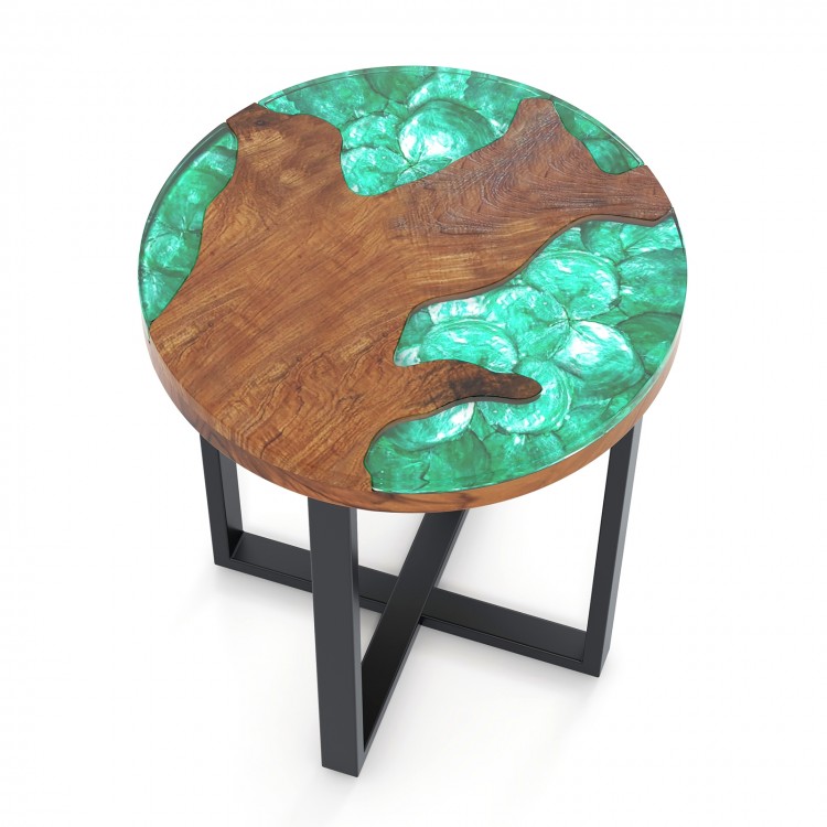 Round teak wood outdoor end table with epoxy resin top, featuring natural grain and X-shaped mahogany support legs.
