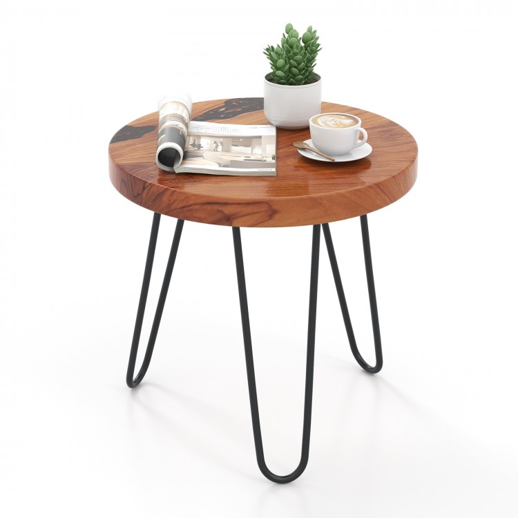 Rustic round solid teak wood live edge side table with metal legs, perfect for outdoor patio or indoor use.