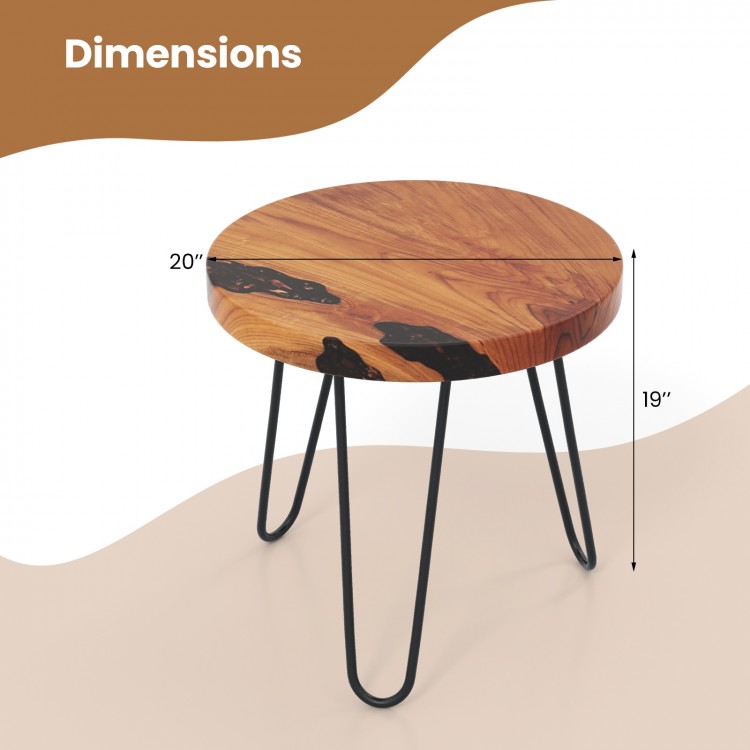Rustic round solid teak wood live edge side table with metal legs, measuring 20” diameter and 19” height, ideal for.