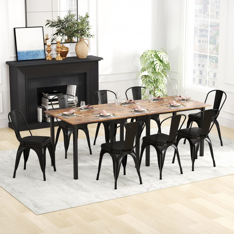 Stackable black metal dining chairs with cushioned seats and removable backs, ideal for dining rooms and cafes.
