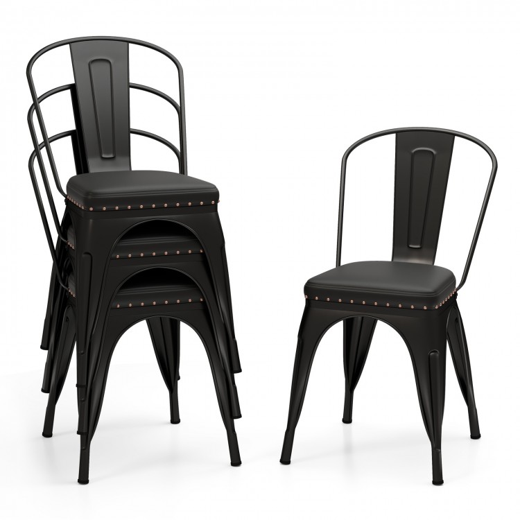 Stackable black metal dining chairs set of 4 with removable backs and cushioned seats for versatile use in dining or.