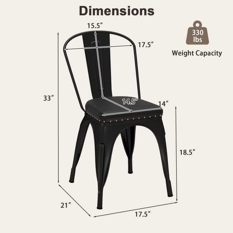 Dimensions of a black metal dining chair with removable back, cushioned seat, and stackable design for easy storage.