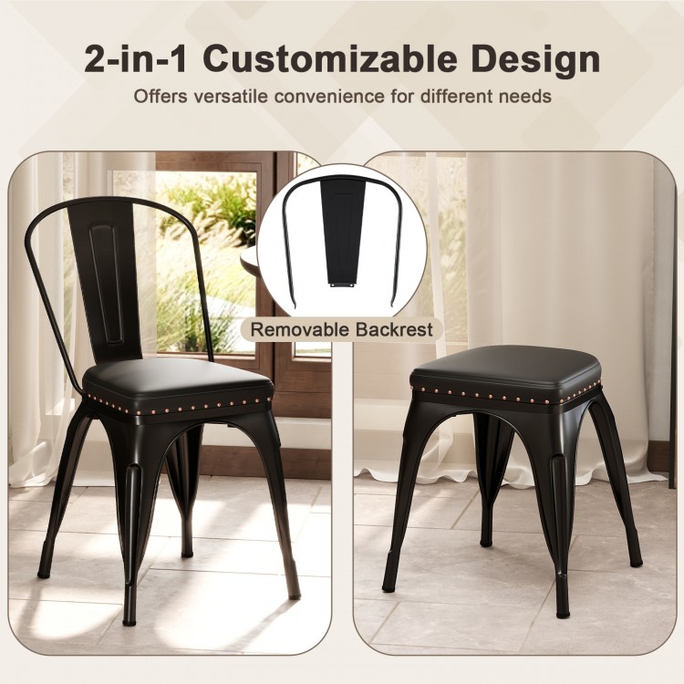 Black metal dining chair with removable backrest and cushioned seat, perfect for versatile kitchen and dining use.