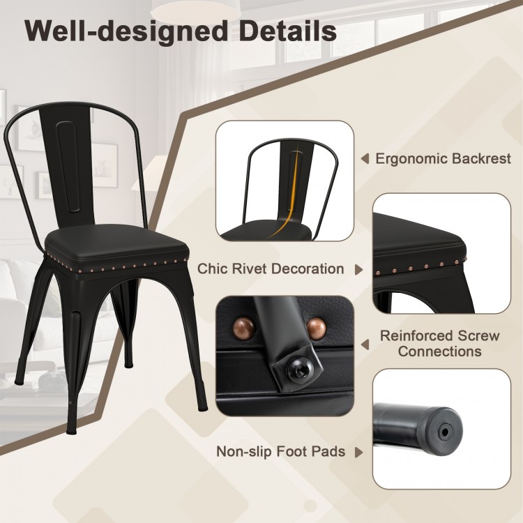 Close-up of the ergonomic backrest and chic rivet decoration on a black metal dining chair with PU leather cushion.