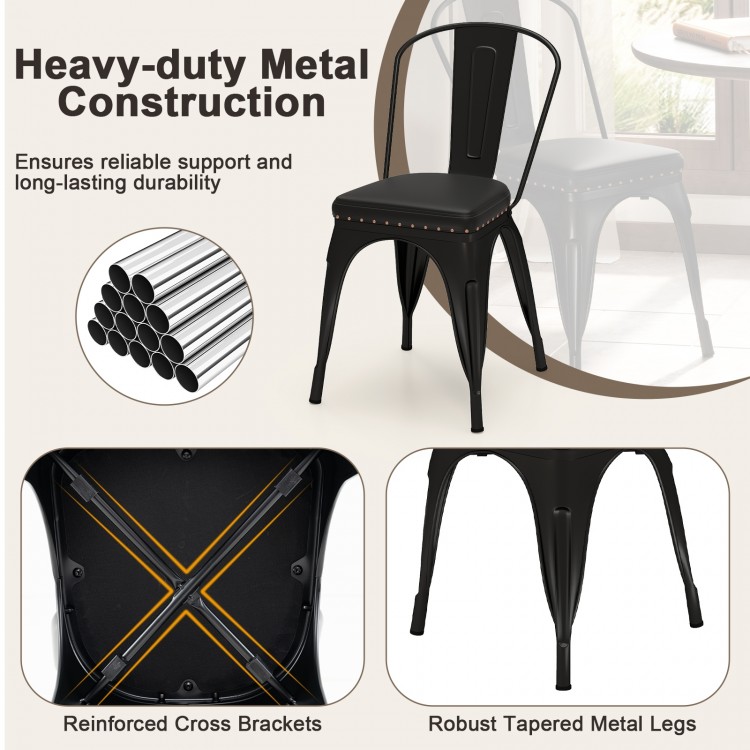 Black metal dining chair with cushioned seat, removable back, and stackable design for versatile use in dining or cafes.