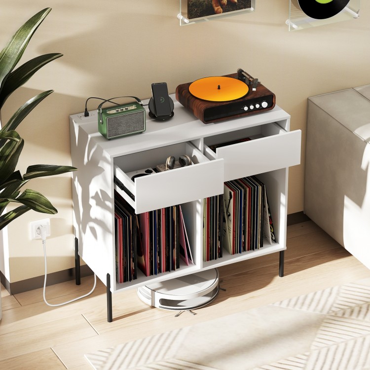 Double wide white record player stand with two drawers and open compartments for vinyl storage and power outlets.