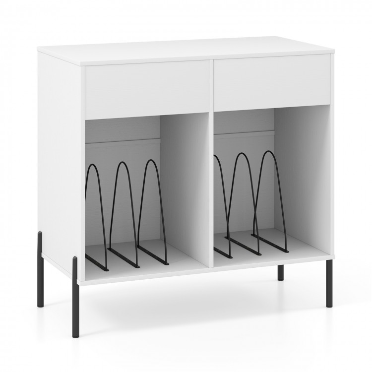 Double wide white record player stand with power outlets, featuring 2 drawers and open compartments for vinyl storage.