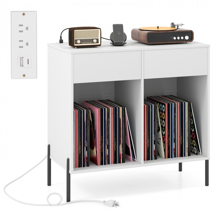 Double wide white record player stand with power outlets, storing 80 vinyl records and featuring cable management.