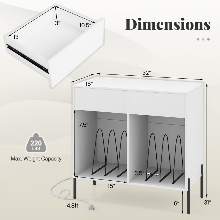 Double wide record player stand in white with 2 drawers and open compartments for vinyl record storage and power.