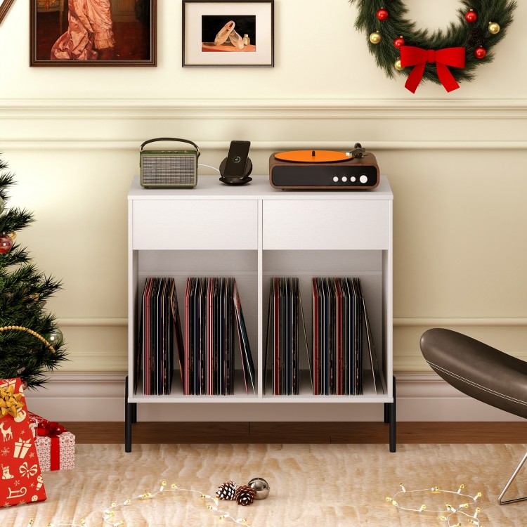 Double wide white record player stand with power outlets, storing 80 vinyl records and featuring two pull-out drawers.