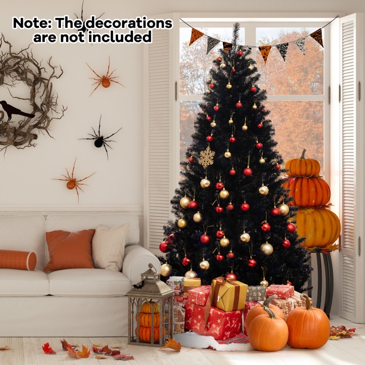 7 ft artificial Christmas tree with black leaves, featuring 6 lighting modes and spooky sounds, perfect for festive.