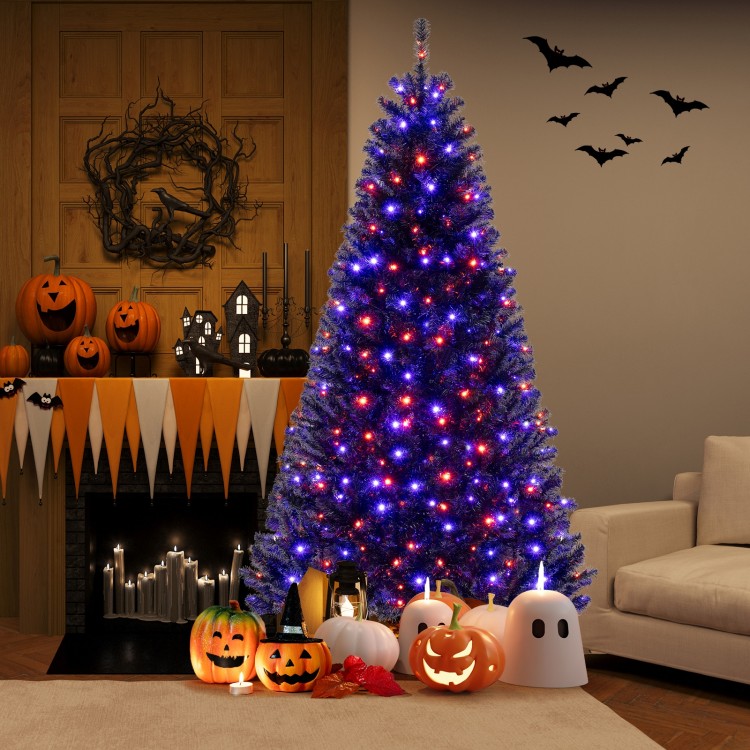 7 ft artificial Christmas tree with orange and purple lights, featuring spooky sounds for Halloween and Christmas decor.