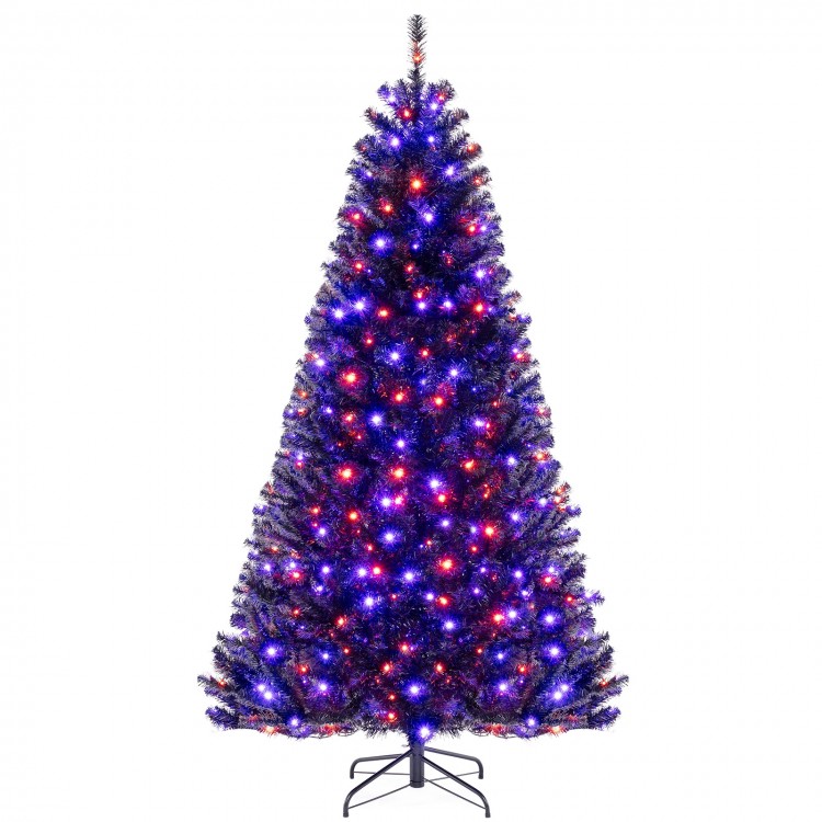7 ft artificial Christmas tree with black leaves, vibrant orange and purple lights, perfect for Halloween and Christmas.