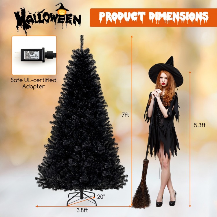 7 ft artificial Christmas tree with black leaves, orange and purple lighting, perfect for Halloween and Christmas.