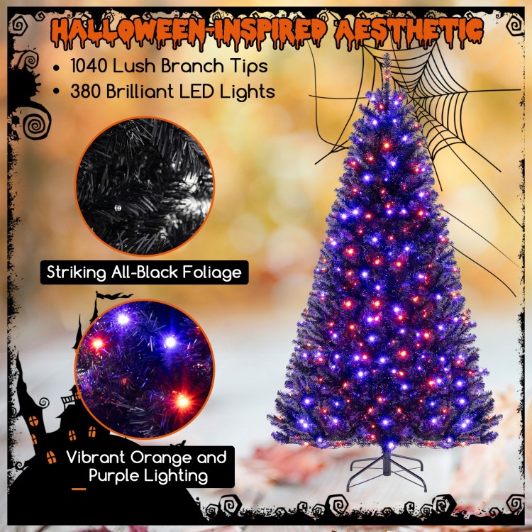 7 ft artificial Christmas tree with black foliage, vibrant orange and purple lights, perfect for Halloween and.