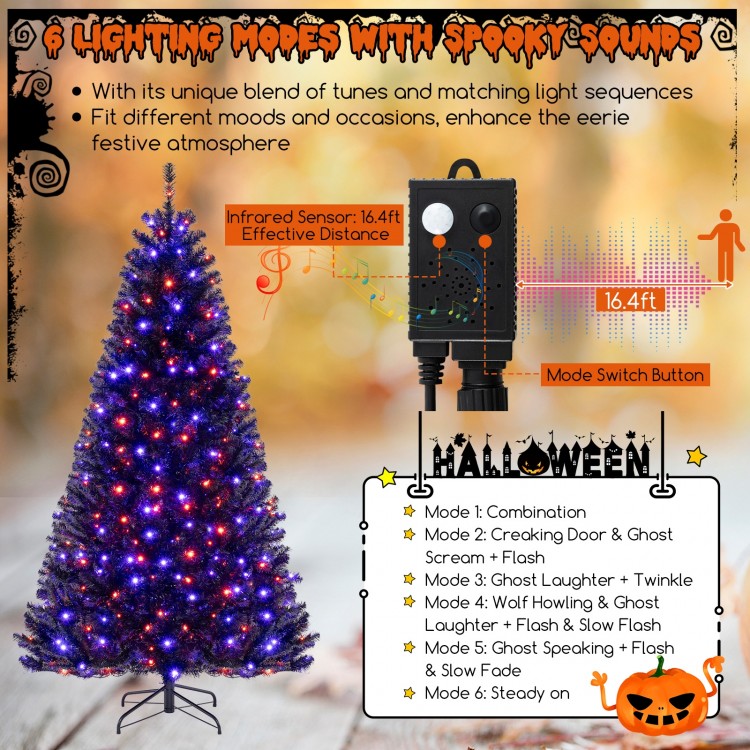 7-foot artificial Christmas tree with black leaves, orange and purple lights, and 6 spooky sound modes for festive.