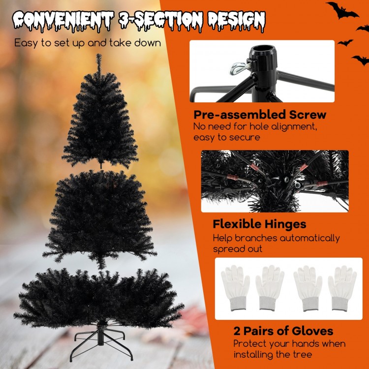 7 ft artificial Christmas tree with black leaves, 6 lighting modes, and flexible hinged branches for easy setup.