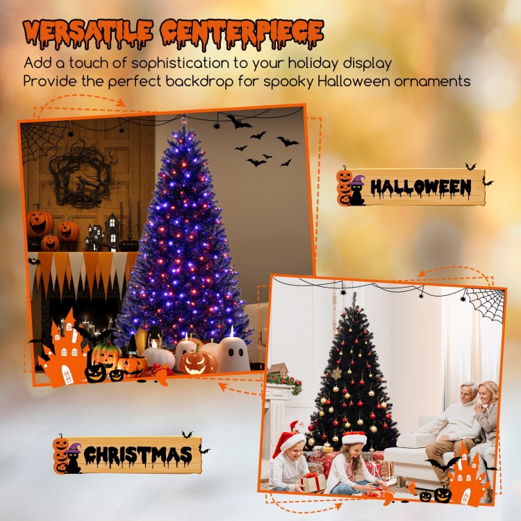 7 ft artificial Christmas tree with black leaves, orange and purple lights, perfect for Halloween and Christmas.