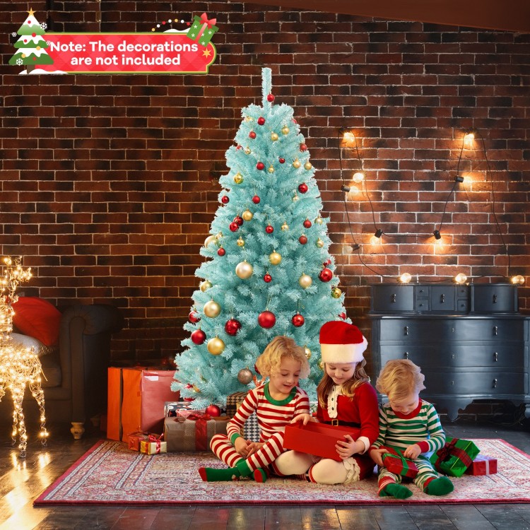 6 FT blue artificial Christmas tree with warm white LED lights, set up in a cozy holiday scene with children.