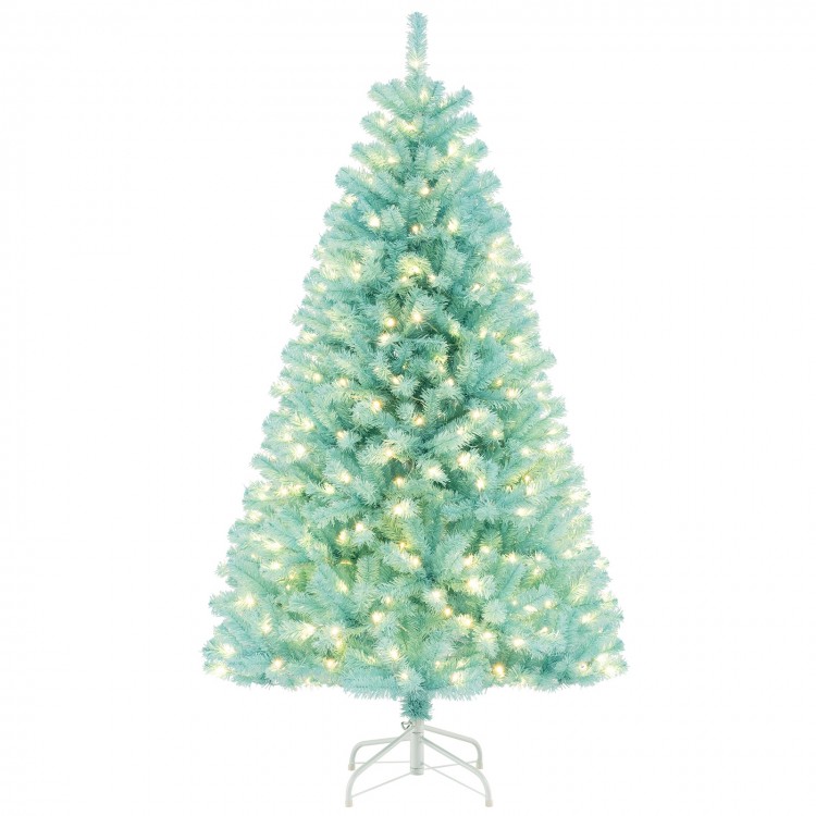 6 FT blue artificial Christmas tree with warm white LED lights and foldable metal stand, ideal for festive decorations.