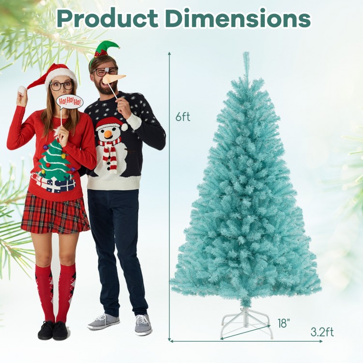 6ft blue artificial Christmas tree with warm white LED lights, showcasing product dimensions and festive atmosphere.
